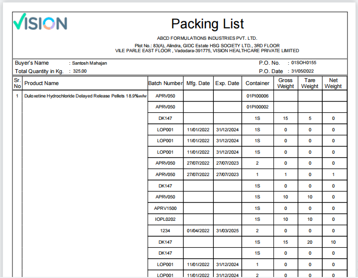 packing list in vision erp